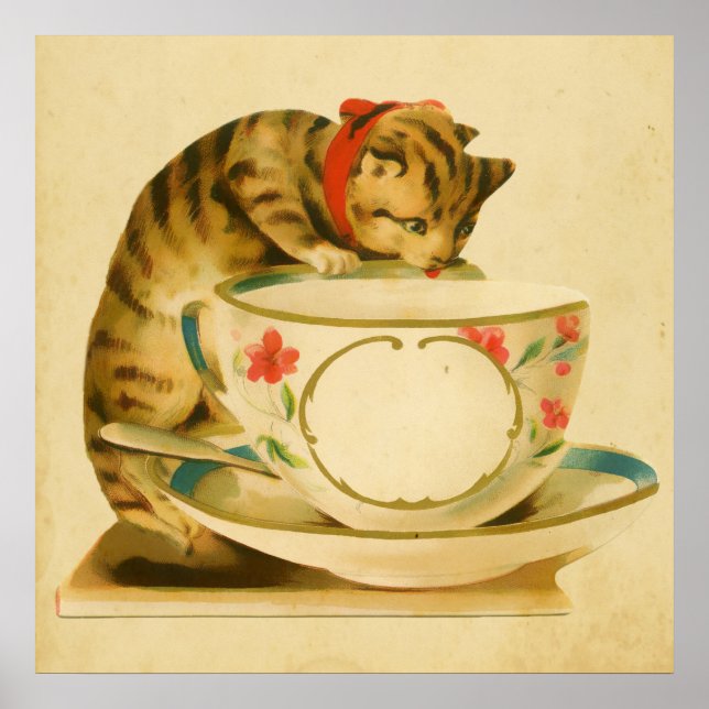Poster Teacup de Gato de Vintagem Cega (Frente)