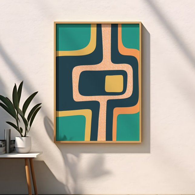 Poster Teal Abstrato Funky do meio século, Amarelo, Laran (Criador carregado)