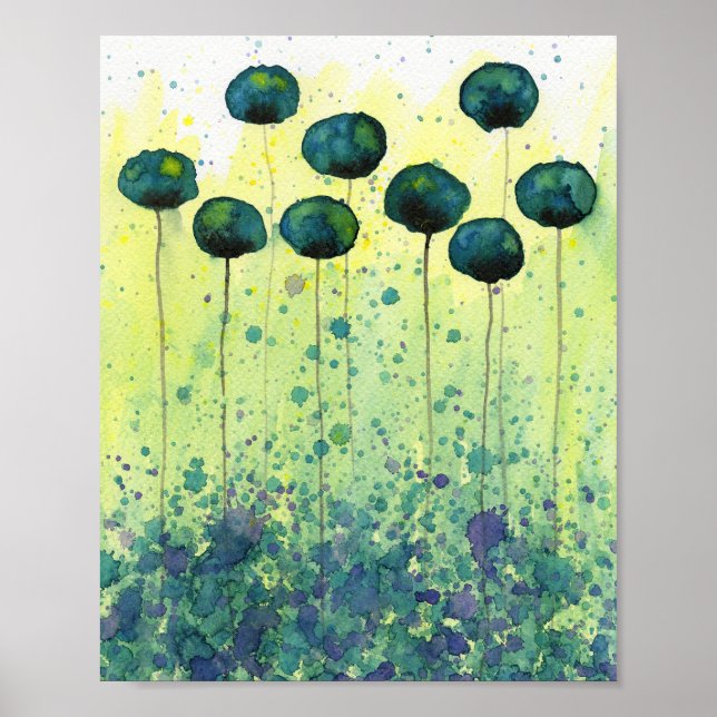 Poster Teal and Chartreuse Poppies, Watercolor Flowers (Frente)