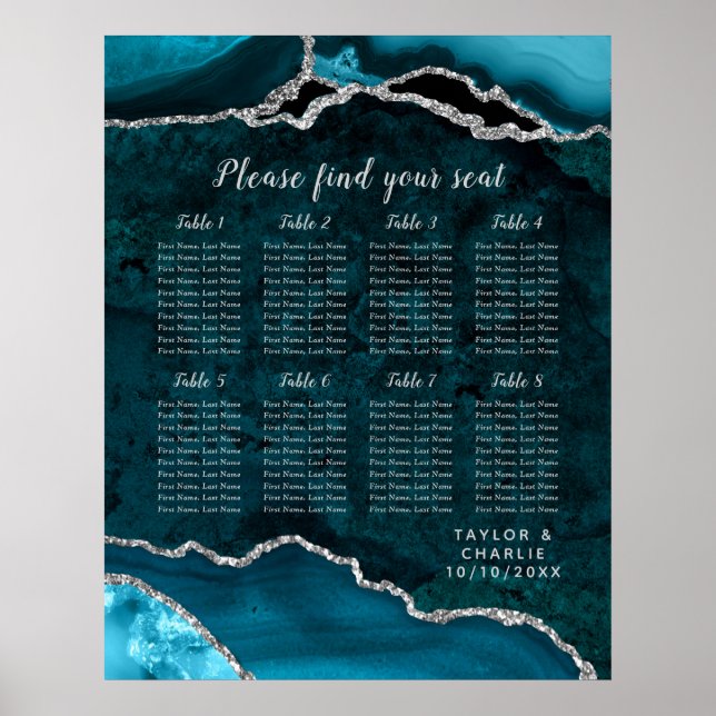 Poster Teal and Silver Agate Wedding Seating Chart (Frente)