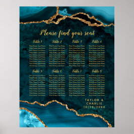 Poster Teal Blue and Gold Agate Wedding Seating Chart
