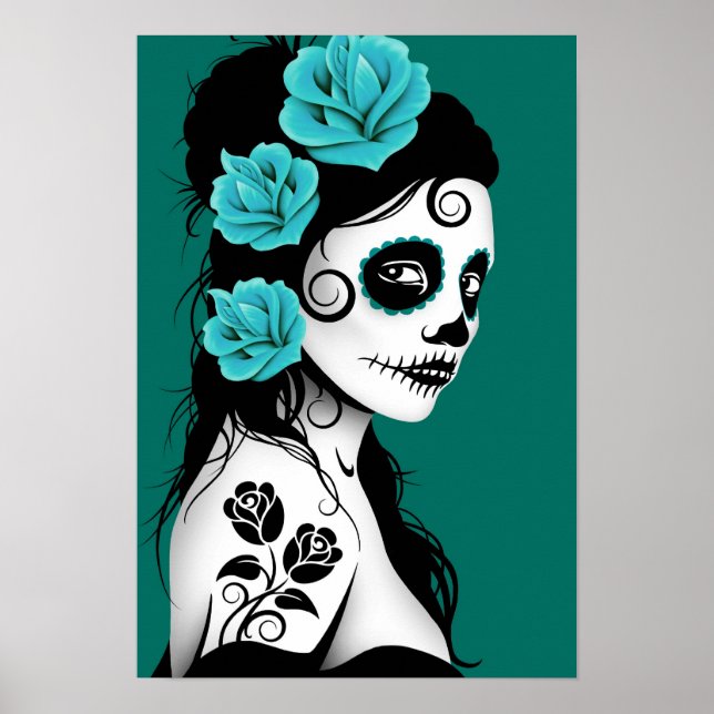 Poster Teal Blue Day of the Dead Sugar Skull Girl (Frente)