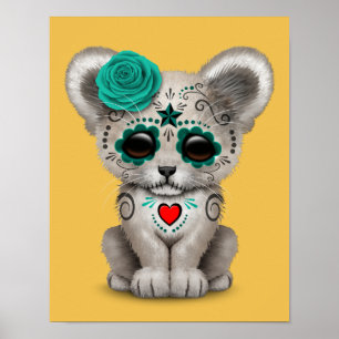 Pôster Teal Blue Day of the Dead Sugar Skull Lion Cub