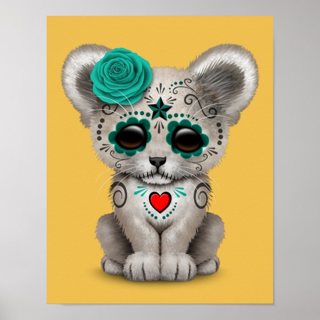 Pôster Teal Blue Day of the Dead Sugar Skull Lion Cub (Frente)
