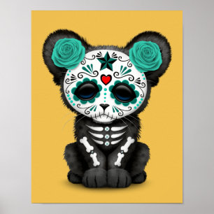 Pôster Teal Blue Day of the Dead Sugar Skull Panther Cub