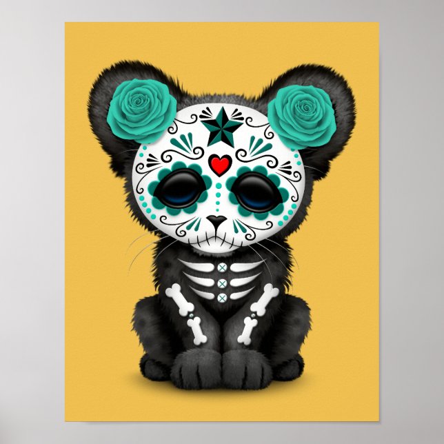 Pôster Teal Blue Day of the Dead Sugar Skull Panther Cub (Frente)