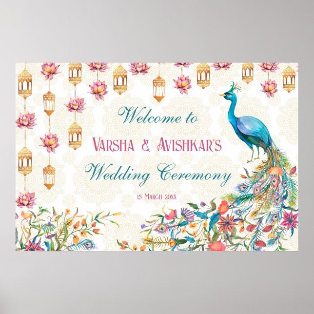 Poster Teal blue green cerise floral peacock welcome  (Frente)