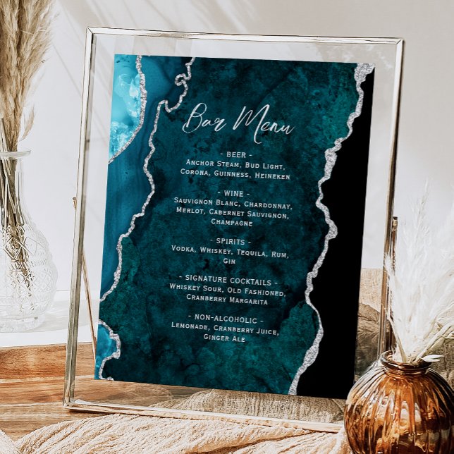 Poster Teal Blue Silver Agate Script Wedding Bar Menu  (Criador carregado)