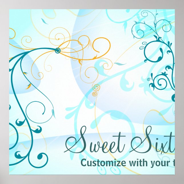 Poster Teal Blue Swirls Doce 16 Banner de Aniversário (Frente)