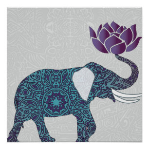 Pôster Teal De Elefante Indiano E Lotus Roxo