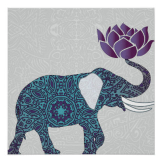 Pôster Teal De Elefante Indiano E Lotus Roxo