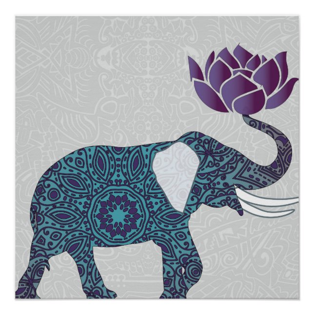 Pôster Teal De Elefante Indiano E Lotus Roxo (Frente)