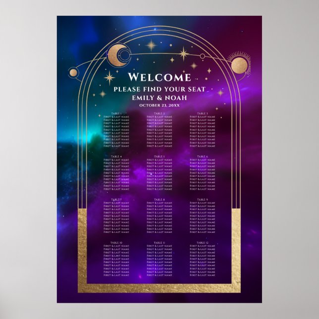 Poster Teal Dourado Solar Roxo Cósmico Estrelas Casamento (Frente)