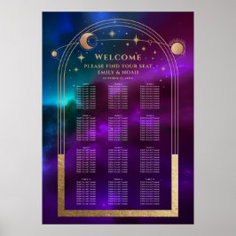 Poster Teal Dourado Solar Roxo Cósmico Estrelas Casamento