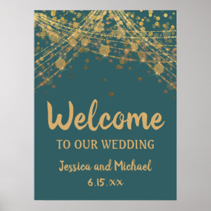 Poster Teal Dourado String Lights Bokeh Weding Welcome
