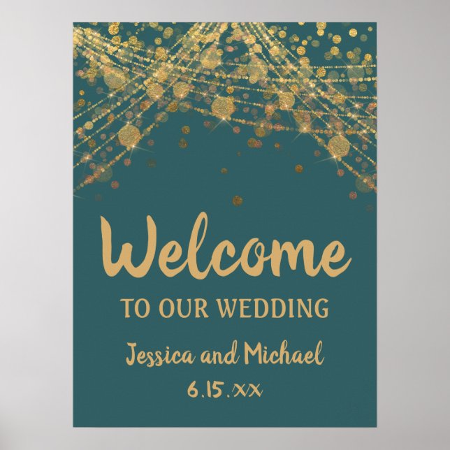 Poster Teal Dourado String Lights Bokeh Weding Welcome (Frente)