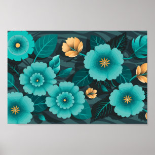 Poster Teal e Dourado Floral com Folhas verdes escuras