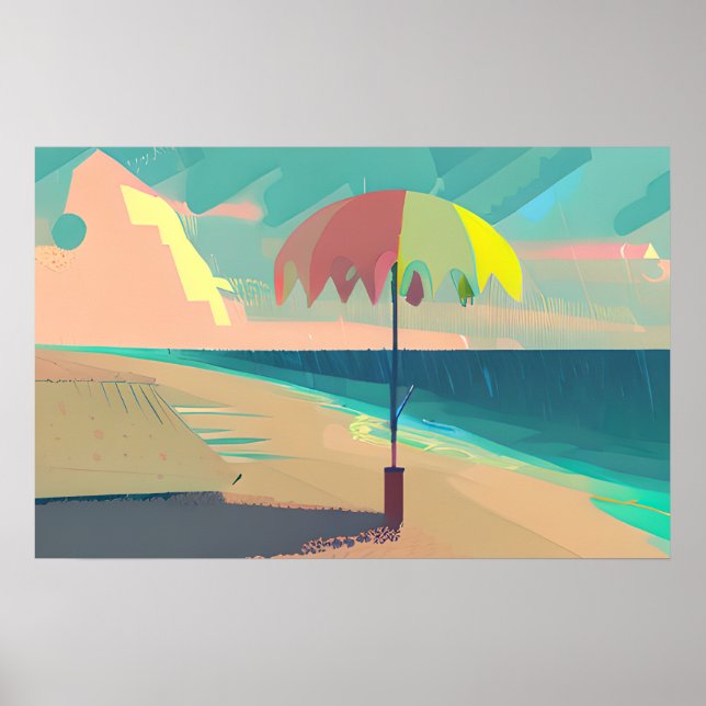 Poster Teal e Peach Beach, Mountain and Umbrella (Frente)