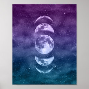 Poster Teal e Roxo Lua lunar Fases de Arte Celestial