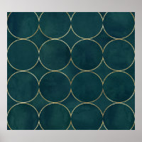 Teal Escuro, Círculos Dourados Aquarela.
