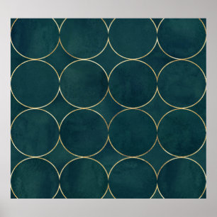 Poster Teal Escuro, Círculos Dourados Aquarela.
