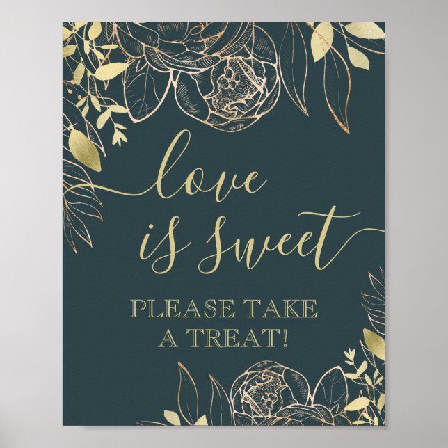 Poster Teal Escuro e Dourado Favor Floral Moderno Mesa (Frente)