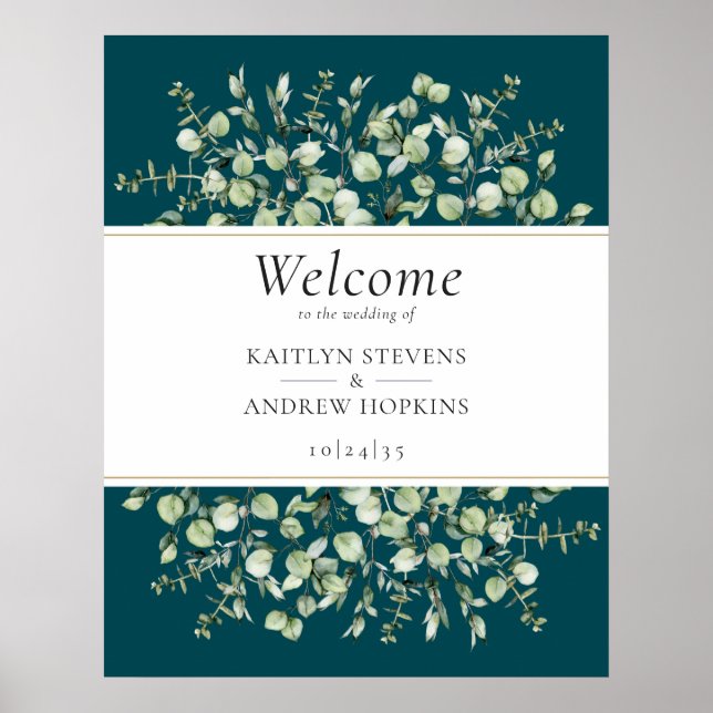 Poster Teal Eucalyptus Wedding Welcome  (Frente)