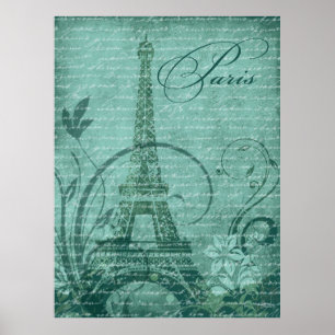 Pôster Teal Fleur de Paris Eiffel Tower 30"x40"