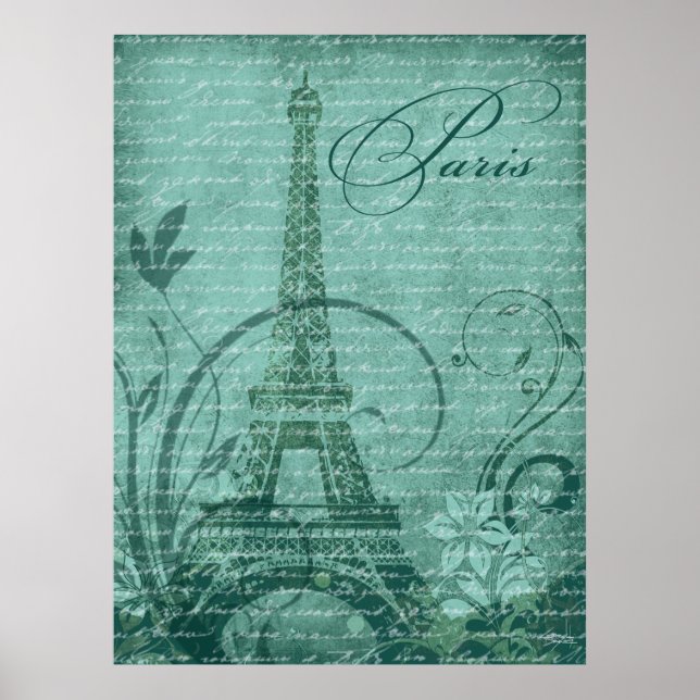 Pôster Teal Fleur de Paris Eiffel Tower 30"x40" (Frente)