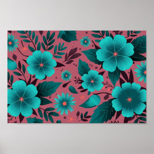 Poster Teal Floral Patterno sobre Maroon