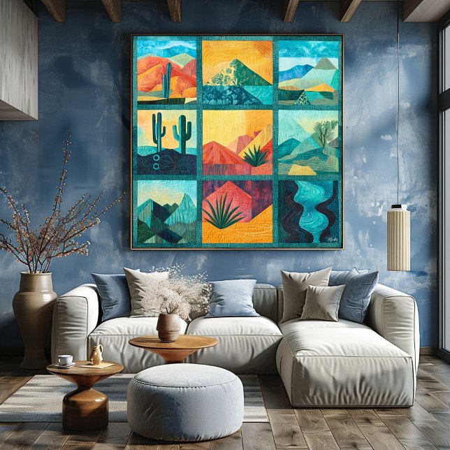 Pôster Teal Framed Desert Art Grid - Geométrico Colorida (Criador carregado)