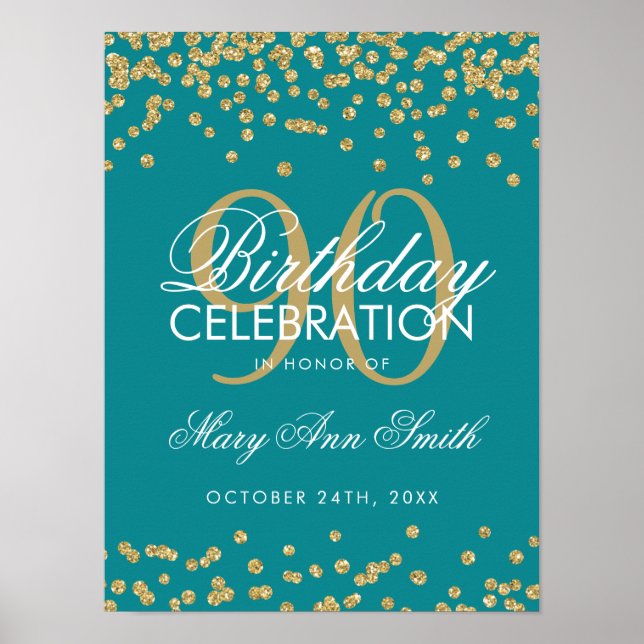 Poster Teal Glitter Confetti de Parto do 90 Dourado (Frente)