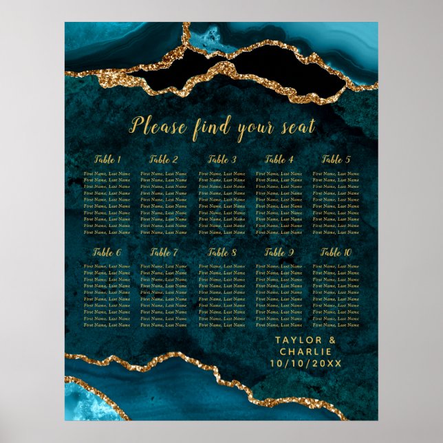 Poster Teal Gold Agate Wedding Seating Chart 10 Table (Frente)