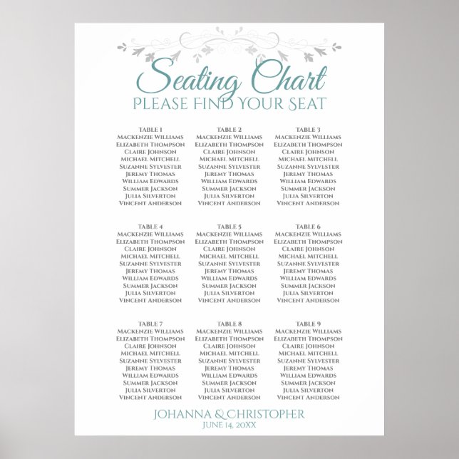 Poster Teal & Gray Elegant 9 Table Wedding Seating Chart (Frente)