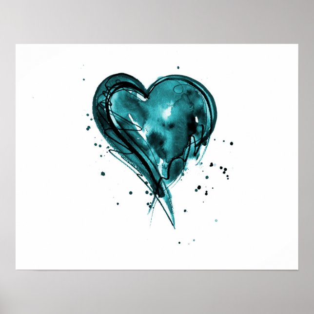 Pôster Teal Heart Watercolor (Frente)