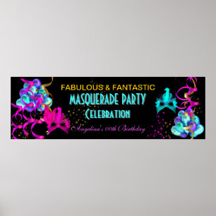 Poster TEAL HOT PINK Banner MASQUERADE Birthday Party