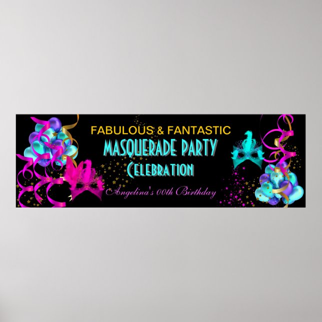 Poster TEAL HOT PINK Banner MASQUERADE Birthday Party (Frente)
