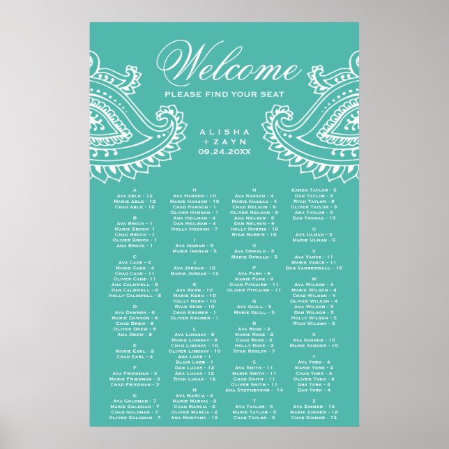 Poster Teal Indian Paisley Alphabetical Seating Chart (Frente)