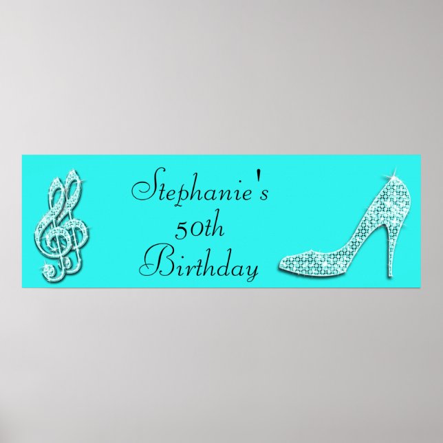Poster Teal Music Notes e Stiletto 50th Birthday (Frente)