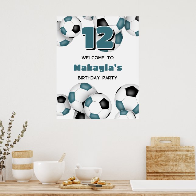 Poster teal negro bolas de futebol meninas festa de anive (Cozinha)