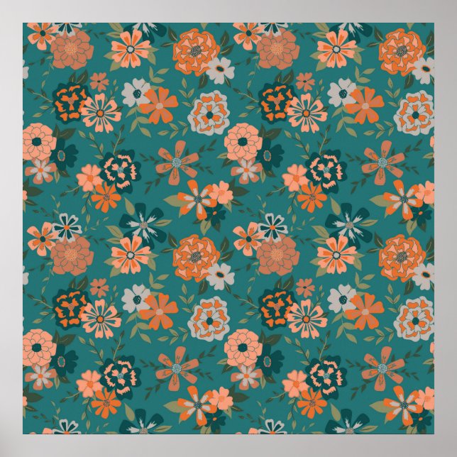 Poster Teal Orange Trendy Floral Vine Floral Padrão (Frente)