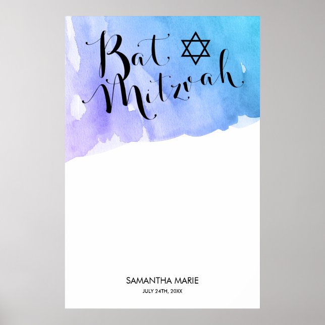 Poster Teal Roxo Watercolor Bat Mitzvah (Frente)