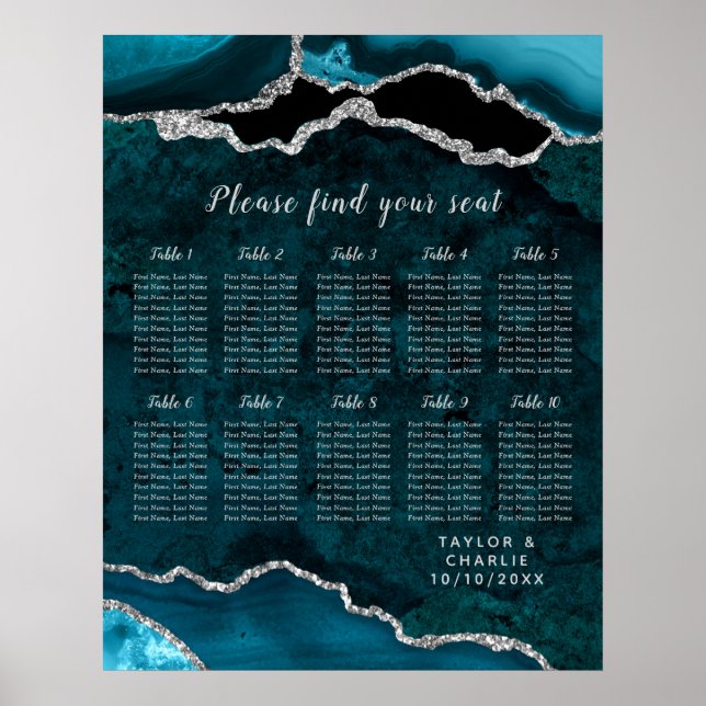 Poster Teal Silver Agate Wedding Seating Chart 10 Table (Frente)