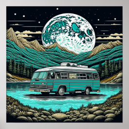 Poster Teal Vintage RV Camper na Montanha Retro