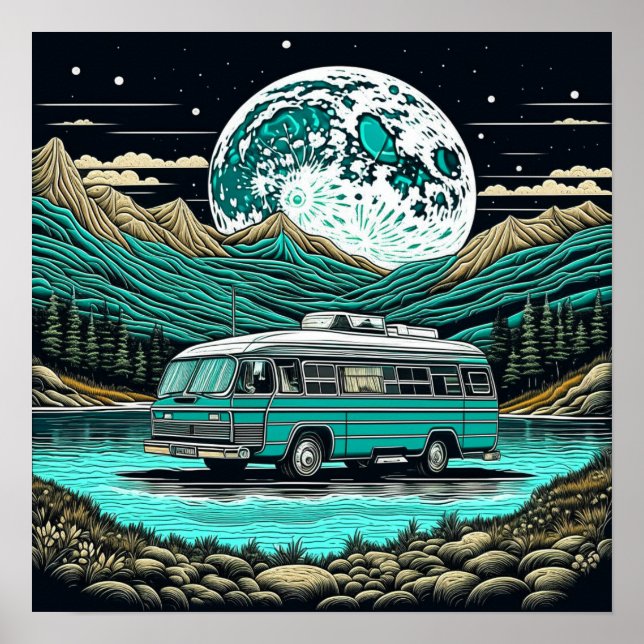 Poster Teal Vintage RV Camper na Montanha Retro (Frente)
