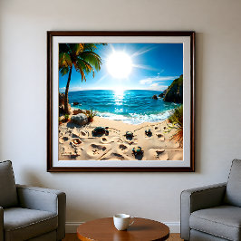 Pôster Teal Watercolor Sea Turtle Coastal Zen