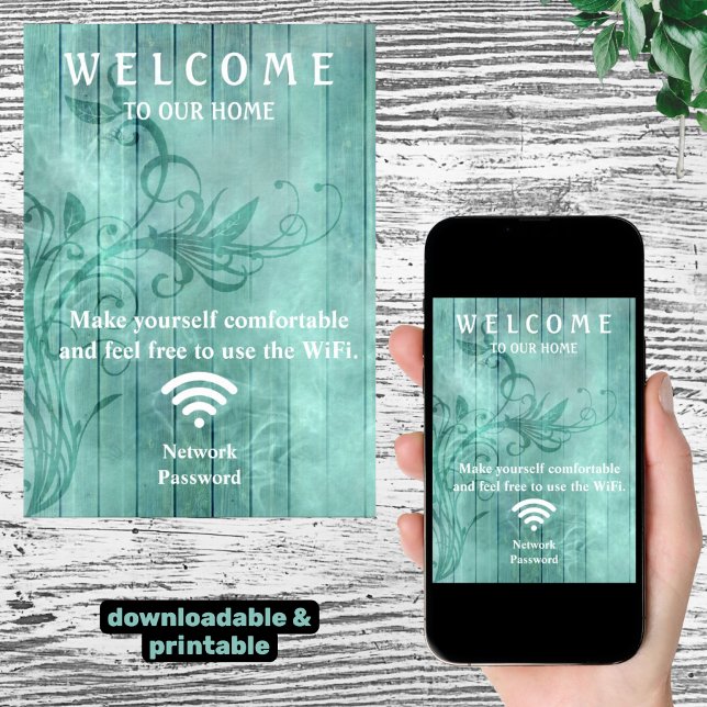 Poster Teal Wood Flourish Shadows Guest Senha Wifi (downloadable and printable wifi informational template)