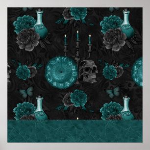 Poster Teal Zodiac Magic   Rosas de crânio gótico verde