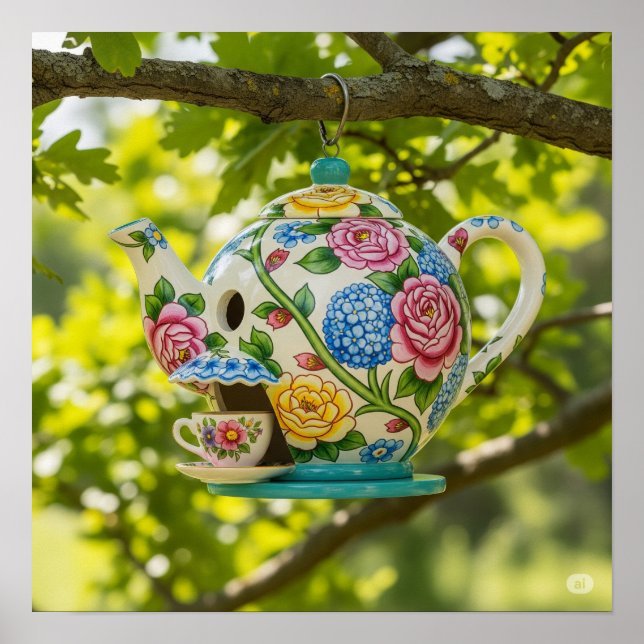 Poster Teapot Birdhouse com Flores (Frente)