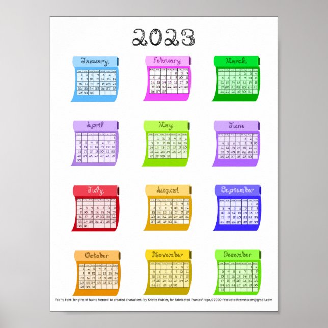 Poster Tecido de fonte do calendário de 2023 Meses para c (Frente)